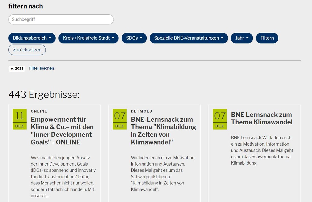 Bildschirmfoto/ Ausschnitt an Veranstaltungsbeispielen der BNE-Veranstaltungen aus dem Archiv 2023