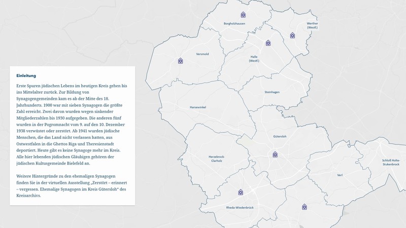 In einer Storymap informiert der Kreis Gütersloh über die Synagogen im Kreis Gütersloh. Grafik/ Bildschirmfoto der Website storymaps.arcgis.com/stories/4fb48e1962fc4eeab6277ba2a3bdd2a3 (abgerufen am: 16. Juli 2025)