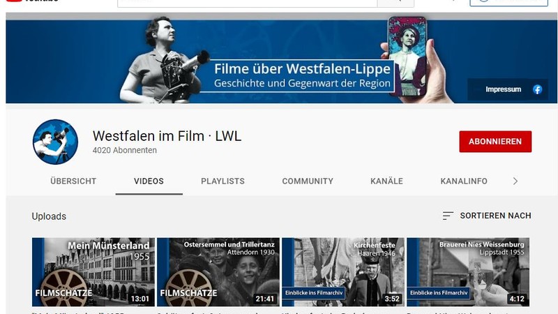 Grafik/ Bildschirmausschnitt des YouTube-Kanals „Westfalen im Film“ unter www.youtube.com/user/LWLMedienzentrum/videos (abgerufen am: 14. Juli 2022)
