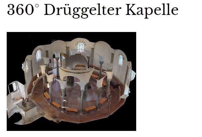 Ansicht des virtuellen Modells der Kapelle Grafik/ Bildschirmausschnitt der Webseite tour.spacewerkhosting.de/de/tour/drueggelter-kapelle (abgerufen am: 25. Januar 2022)